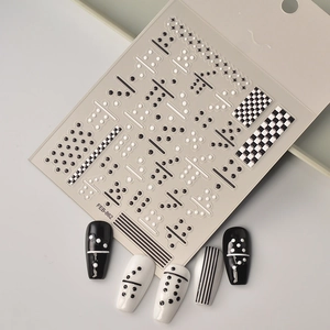 3D black and white checkered nail art stickers with dots and stripes for manicure decor