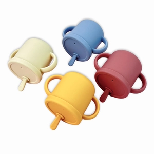 Food grade silicone baby training cup with handles and straw in four assorted colors
