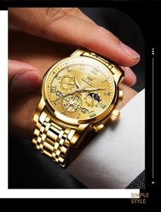 Detail of OLEVS men's gold multifunction watch with moon phase and chronograph features