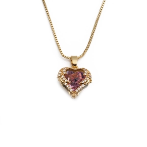 Élégant collier cœur en plaqué or pour femme avec zircon rose et cristaux micro-pave