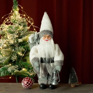 Detailed view of a 12-inch grey Santa figurine holding a silver lantern and gift bag