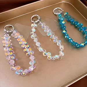 Crystal Beaded Phone Lanyard Wrist Strap Faceted Iridescent Beads Alloy Ring Handheld Phone Charm For Women Luxury