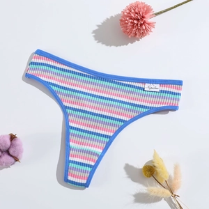 Colorful ribbed thong panties for women in blue and mint on a white background