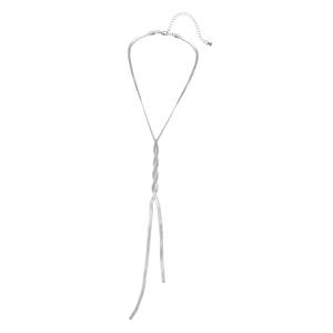 Macro detail of silver snake chain necklace showing tassel drop and adjustable clasp