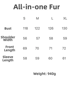 Detailed size guide for the oversized shearling coat showing measurements for S to XL