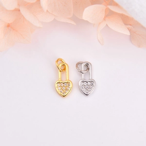 Zirconia heart lock pendants in gold and silver finish for DIY necklace jewelry making