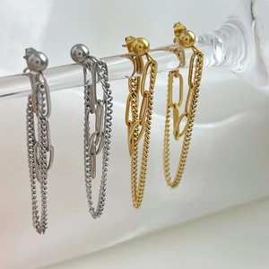Double layered tassel drop earrings with ball studs in gold and silver finish