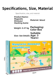 Detail showing wooden dinosaur stacking toy packaging and box dimensions of 22x14x4cm