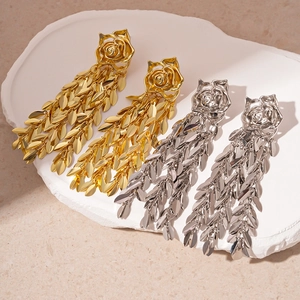 Alloy Rose Flower And Leaf Long Tassel Drop Earrings With Silver Earring Post Elegant Vintage Fashion For Women