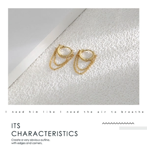 Macro view of gold hoop earrings with tassel chains and sparkling cubic zirconia stones