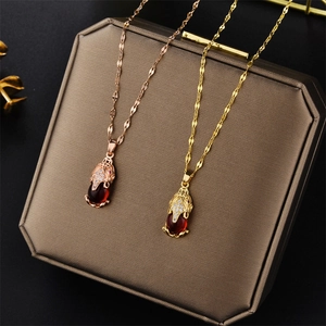 Titanium Steel Gold Plated Pi Xiu Pendant Necklace Red Gemstone Rhinestone Inlaid Luck Mythical Beast Jewelry For Women