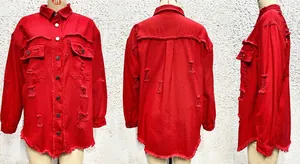 Detailed views of a red distressed denim shirt with frayed edges and ripped details