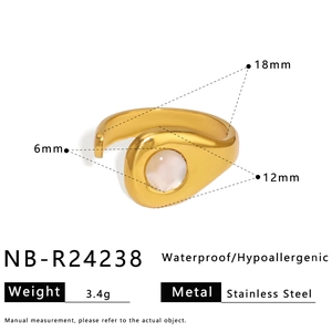Detailed size specifications for a gold stainless steel ring with white stone inlay
