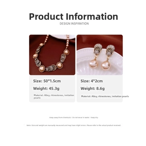Detail view of vintage pearl jewelry set with sparkling rhinestones and champagne finish
