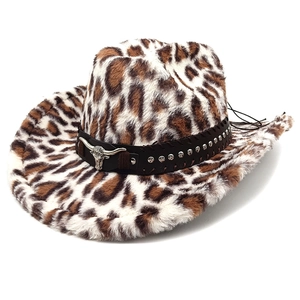 Western leopard print faux fur cowboy hat with plush texture and silver longhorn stud detail