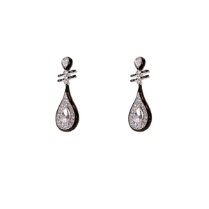 Elegant silver needle teardrop earrings with black borders and sparkling crystals