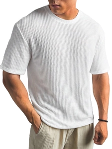 Weißes Waffelstrick-Herren-T-Shirt mit kurzen Ärmeln und Rundhalsausschnitt im Freizeitstil