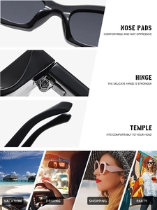 Detail of nose pads and hinges on black cat eye sunglasses with lifestyle usage scenes