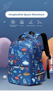 Detail of space-themed boys backpack showing rocket print and reflective safety strips