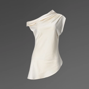 Detail of satin one-shoulder sleeveless top with elegant draped pleats in cream white