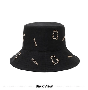 Detailed back view of a black cotton bucket hat with cute bear and unique embroidery