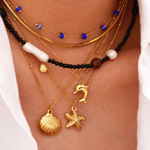 Ocean Starfish Shell Dolphin Pendant Necklace Stainless Steel Natural Artificial Pearl Turquoise Beaded Gold Plated Jewelry Women