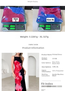 Tableau des tailles et détails de poids pour robe longue fleurie en 95% polyester