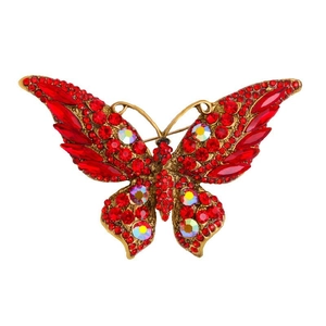 Vintage red crystal butterfly brooch with colorful AB rhinestones on gold alloy base