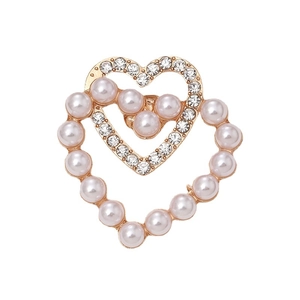 Golden double heart charm with pearls and rhinestones for DIY shoe and phone case decor