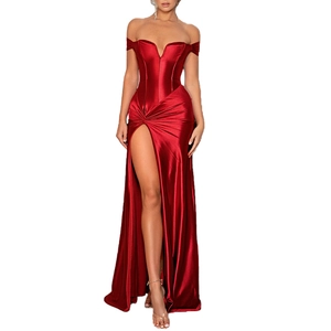 Elegant off-the-shoulder red satin evening gown with high slit and waist twist detail