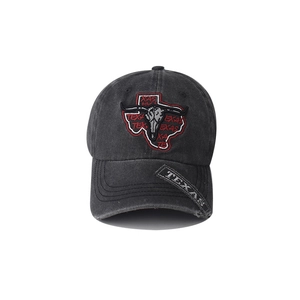 Detailed view of washed grey canvas baseball cap with Texas embroidery and bull skull