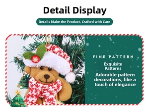 Detail of Christmas bear ornament with red plaid hat and scarf on tree branches