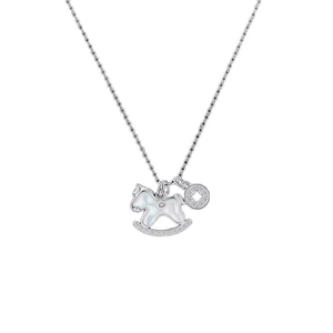Elegant silver rocking horse pendant necklace with zircon accents and pearl-like inlay