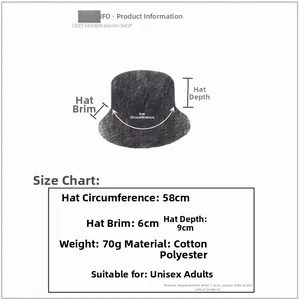 Size specifications for tropical fruit bucket hat with dimensions and material info