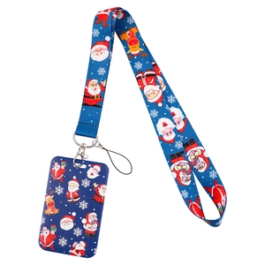 Christmas lanyard set with Santa and reindeer patterns on blue polyester strap