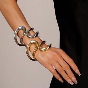 Minimalist irregular geometric open cuff bracelet set in gold and silver mirror finish