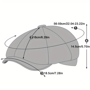 Detailed sizing chart for gray newsboy cap showing head circumference and dimensions