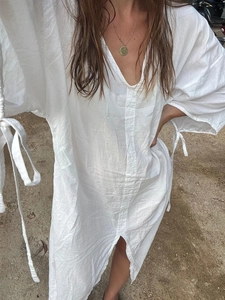 Women's Solid White Cotton Maxi Dress V Neck Long Sleeve Split Hem Loose Vacation Resort Style Tie Back Casual