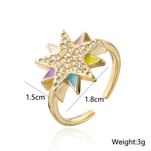 Detailed view of colorful enamel star ring with dimensions 1.5cm by 1.8cm and 3g weight