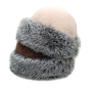 Winter faux fox fur Mongolian hat set in beige, dark brown, and grey black colors