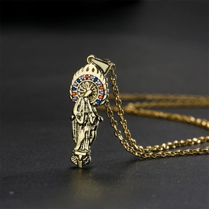 Religious Virgin Mary Pendant Necklace Gold Plated Copper With Cubic Zirconia Vintage Jewelry For Women