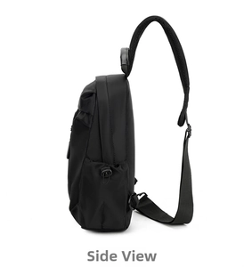 Side view of black oxford fabric sling bag showing waterproof layers and breathable strap
