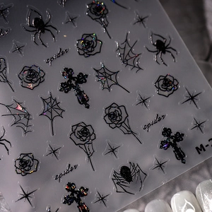 Pegatinas 5D de uñas con relieve láser y diseños góticos de rosas negras y telarañas