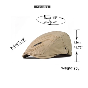 Detailed size specifications and side view of khaki cotton newsboy cap with sports patch