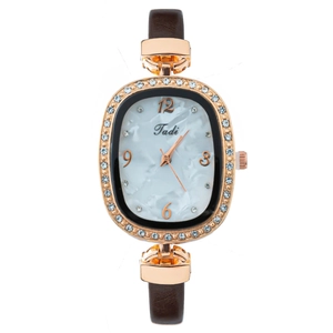 Montre quartz femme ovale en or rose avec strass bleus et bracelet en cuir marron