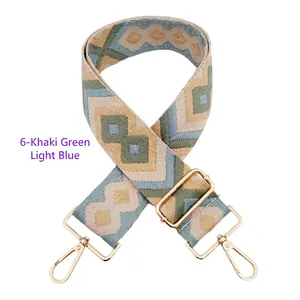 Detail of khaki, green and light blue diamond patterns on adjustable woven bag strap
