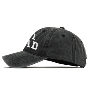 Detail of vintage washed cotton baseball cap with bold white 3D embroidery on the side