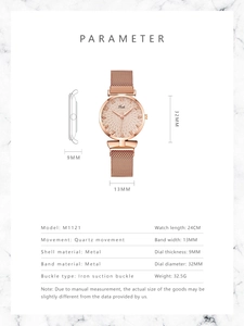 Spécifications techniques et dimensions détaillées pour montre quartz à bracelet magnétique