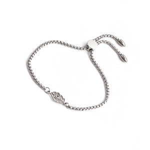 Polished stainless steel slider bracelet with hollow feather and eye charms on white background