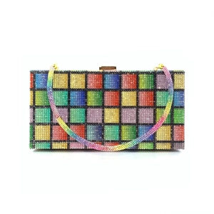 Rainbow rhinestone evening clutch bag with square pattern and colorful chain strap